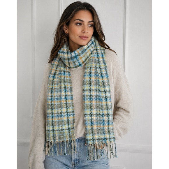 Accessories - 100% Cashmere Scarf Made in Scotland Blue Plaid Houndstooth Fringe Soft